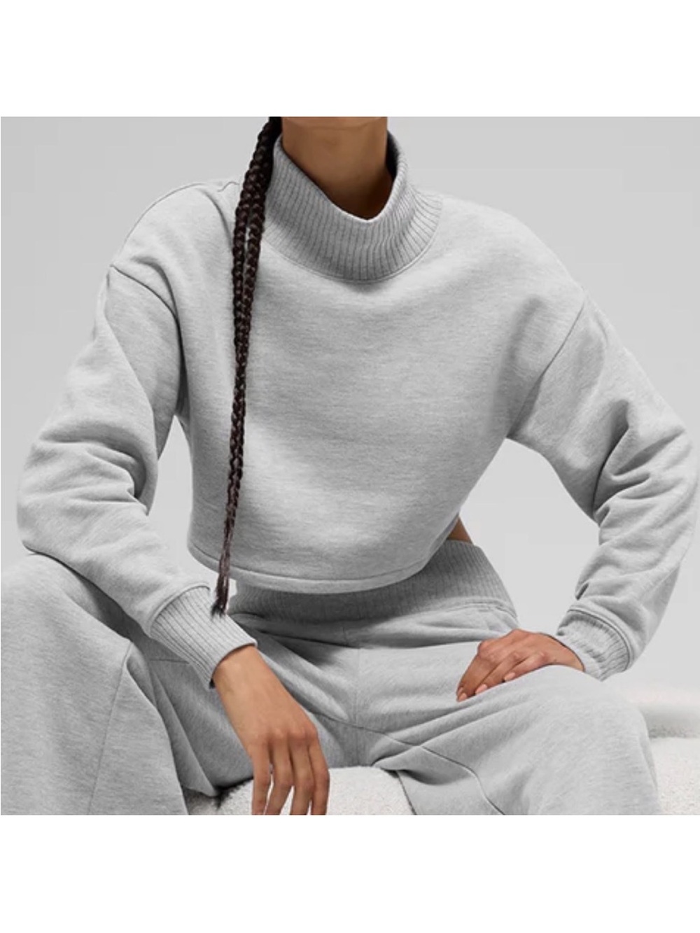 ALO Yoga Small Cropped Serenity Coverup Fleece Sweatshirt Top Ribbed Neck Gray - Picture 4 of 14